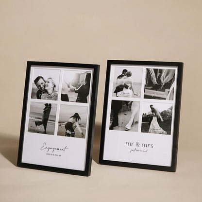 Two black multi-aperture photo frames on display, one marked 'mr & mrs'