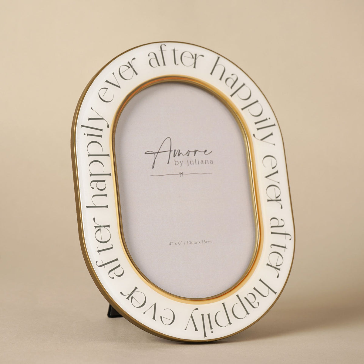 Oval photo frame with gold border and 'Amore by Juliana' text insert