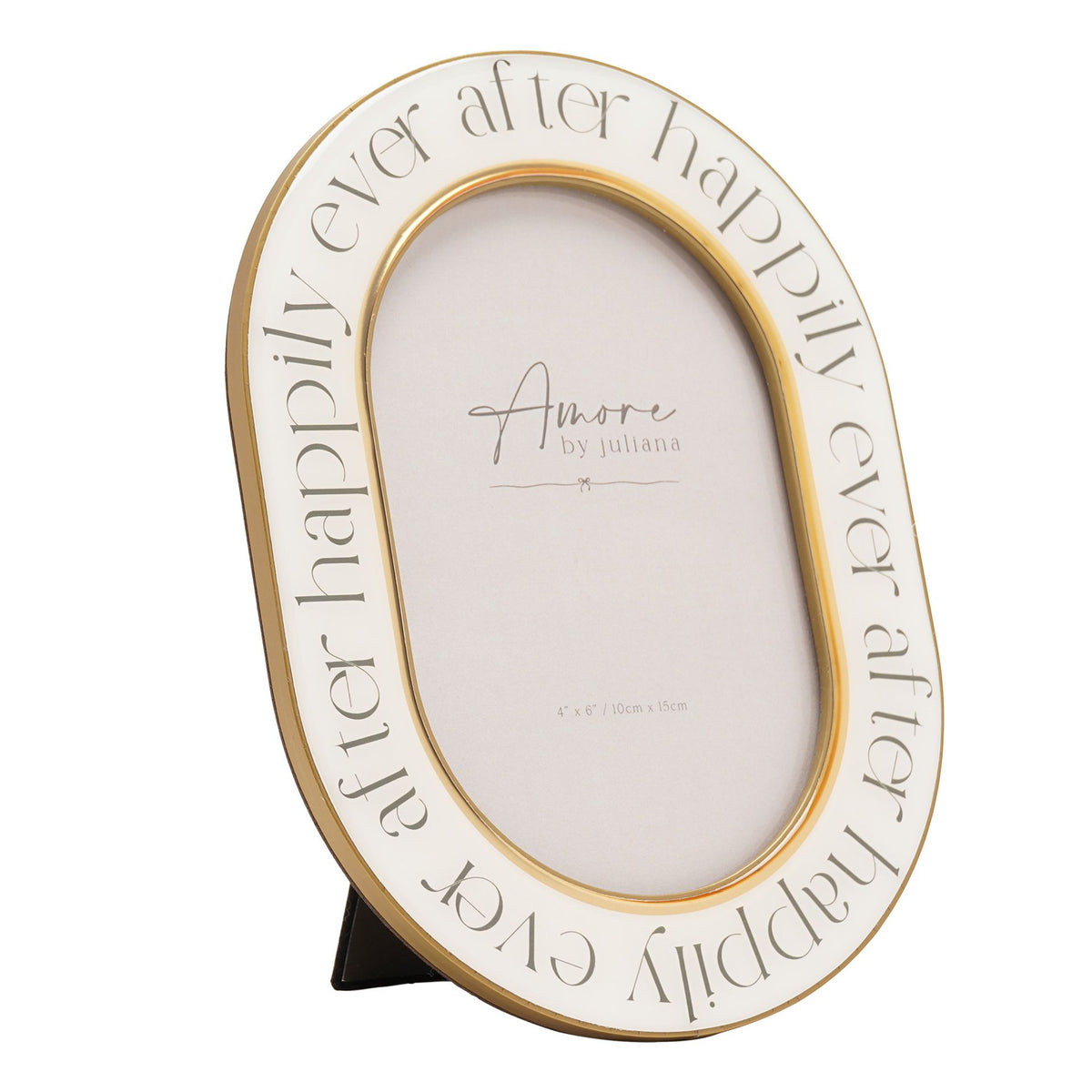 Standing oval photo frame with gold rim and 'Amore by Juliana' center insert