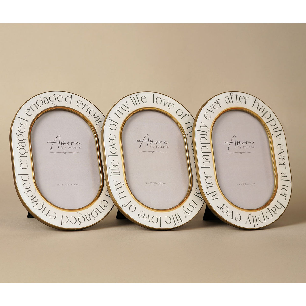Set of three oval photo frames with gold rims and 'Amore by Juliana' inserts