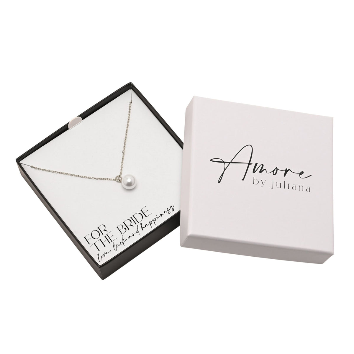 Silver-plated faux pearl drop necklace in gift box with Amore logo