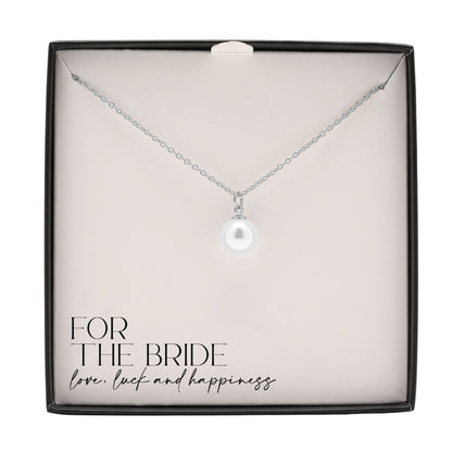 Silver-plated faux pearl pendant necklace with V-style chain, in gift box