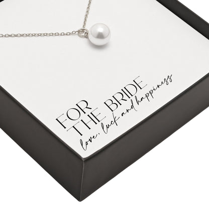 Silver-plated chain and round faux pearl pendant on gift box insert