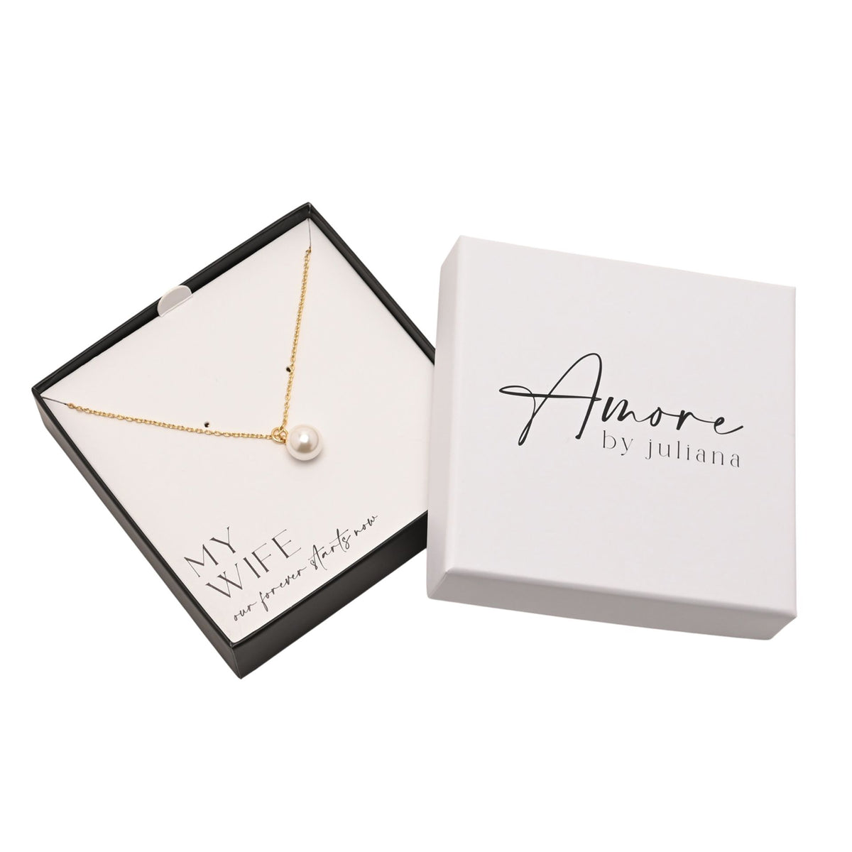 Gold plated faux pearl pendant necklace in a jewelry box, with brand card