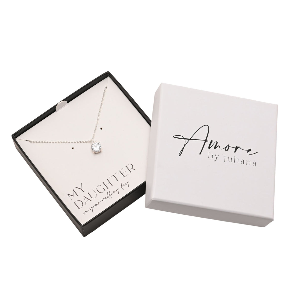 Silver-tone crystal pendant necklace in black jewelry box with white gift card