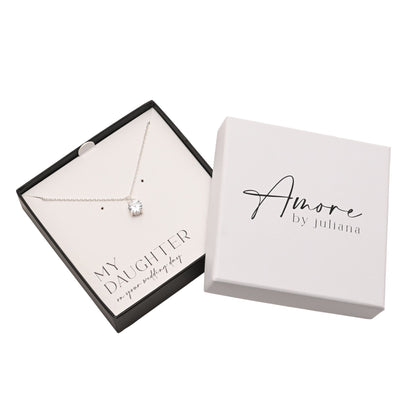 Silver-tone crystal pendant necklace in black jewelry box with white gift card