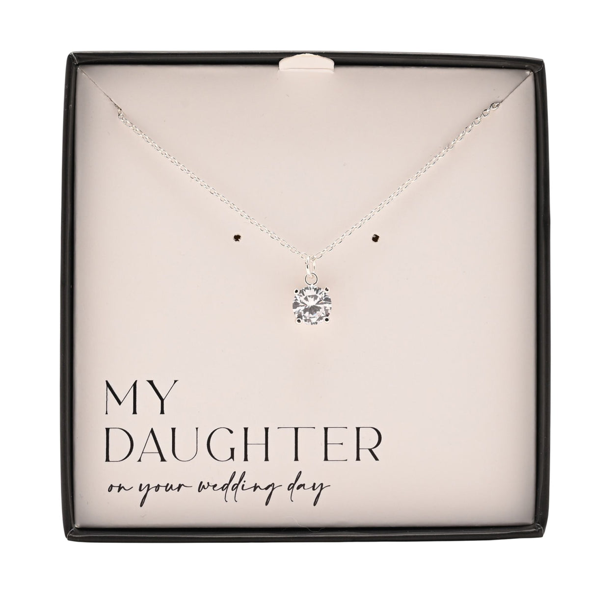 Silver-tone crystal pendant necklace displayed in a black gift box tray