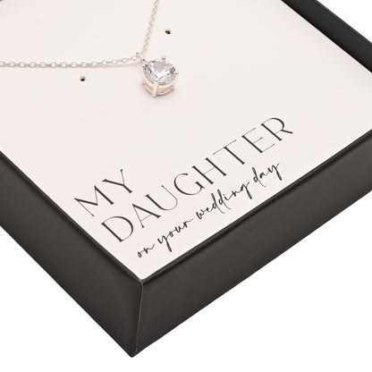 Silver-tone chain necklace with round crystal pendant in gift box corner