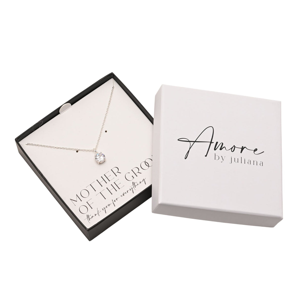 Silver-plated necklace with round crystal pendant, boxed with Amore by Juliana cover