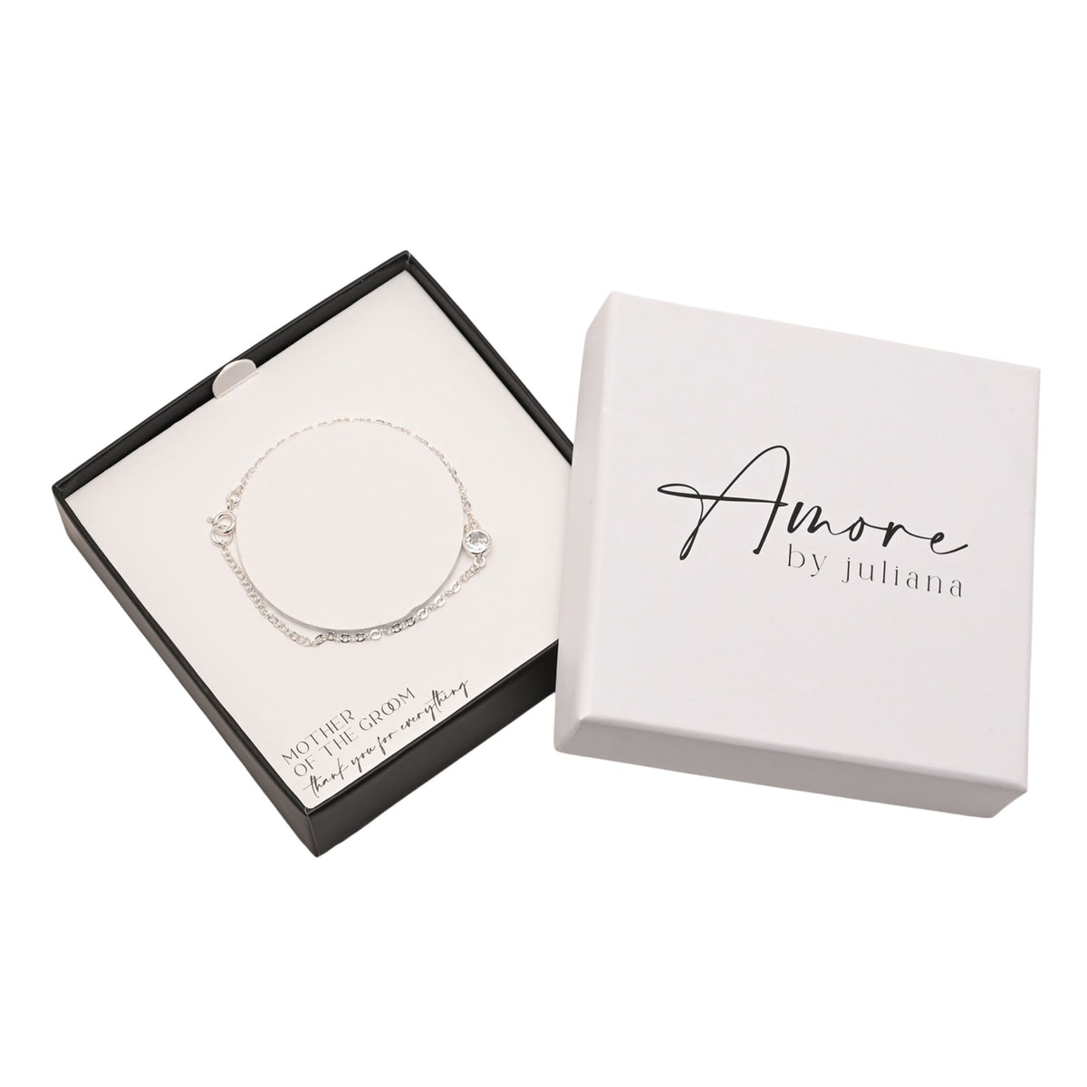 Silver-plated bracelet with round charm, shown in black presentation box