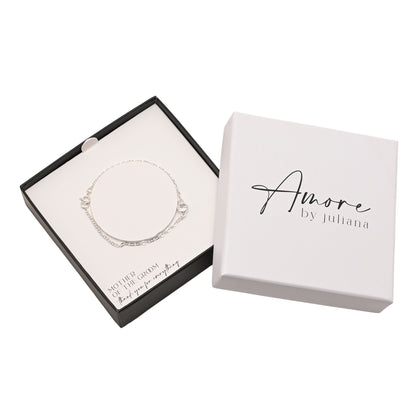 Silver-plated bracelet with round charm, shown in black presentation box