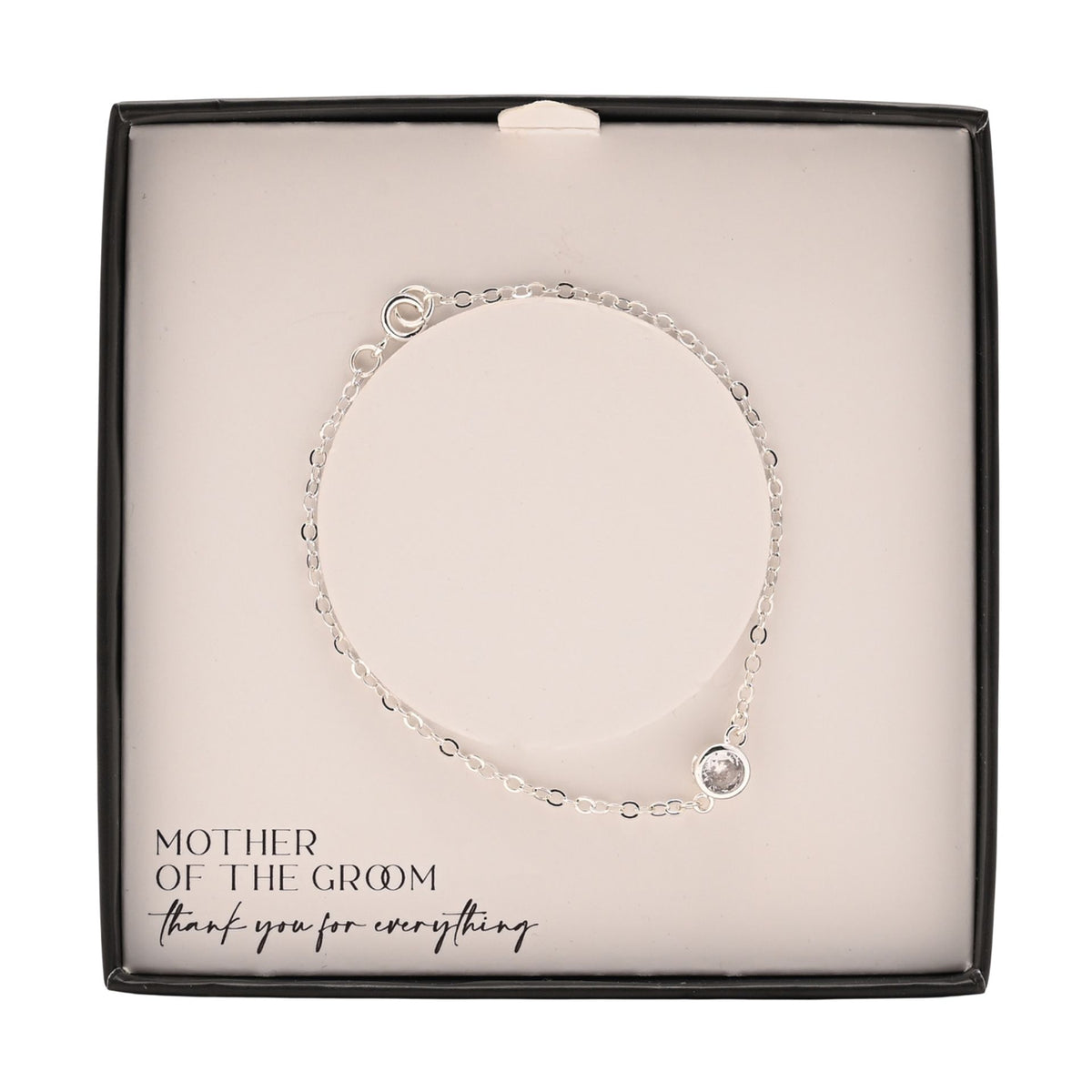 Silver-plated bracelet with round center charm inside black gift box