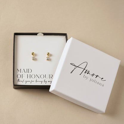 Gold-plated stud earrings with small clear crystal dangle in gift box
