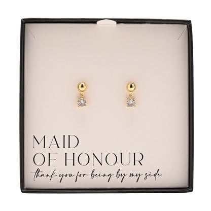 Pair of gold-plated stud earrings with round charm and clear crystal top