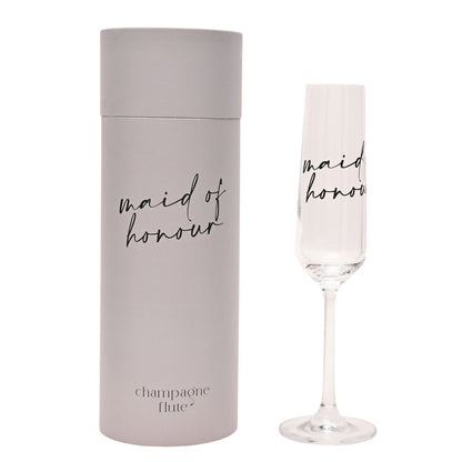 Champagne flute and cylindrical tube printed “maid of honour” in black script