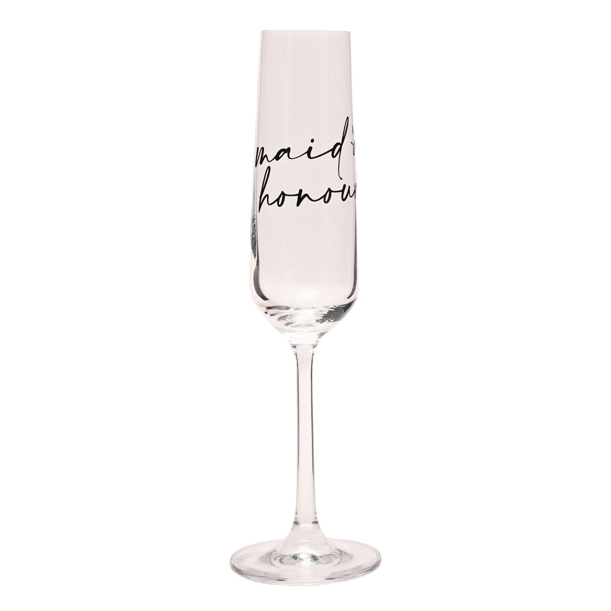 Champagne flute with “maid of honour” black lettering on the glass bowl
