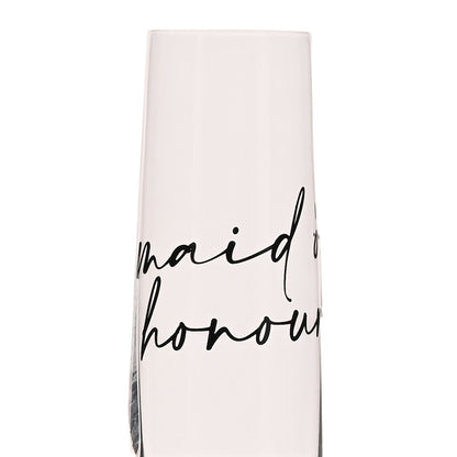 Grey cylindrical tube with “maid of honour” black script text