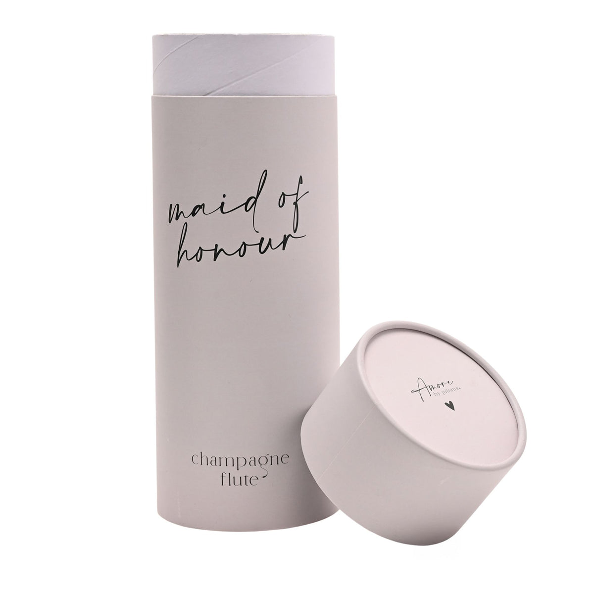 Champagne flute gift set: “maid of honour” tube with matching round-lid base