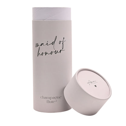 Champagne flute gift set: “maid of honour” tube with matching round-lid base