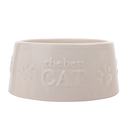 White embossed cat bowl front view with “the best CAT” logo