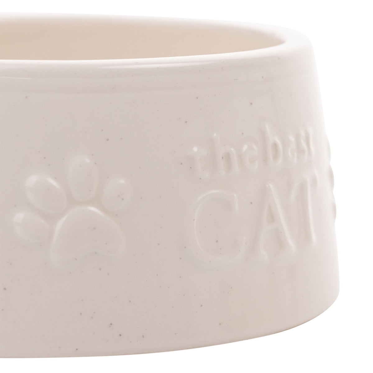 White ceramic cat bowl side with paw-print and letter embossing