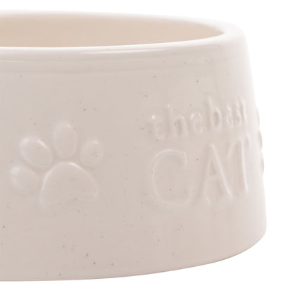 White ceramic cat bowl side with paw-print and letter embossing
