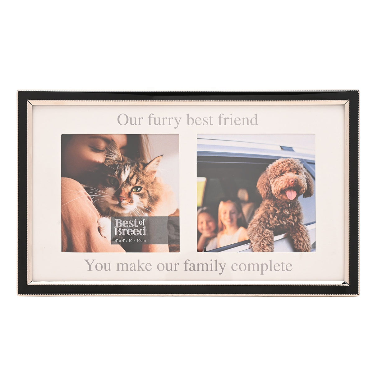 Horizontal black two-photo aperture frame showing two pet photos and caption text.