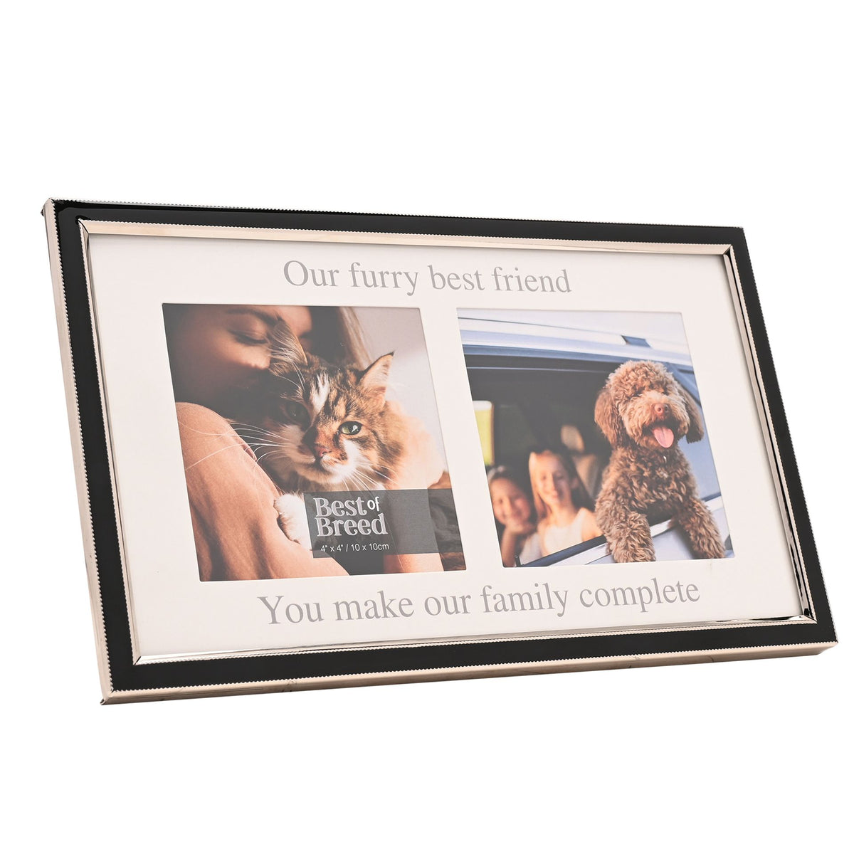Angled black two-photo aperture frame with two pet photos and printed message.