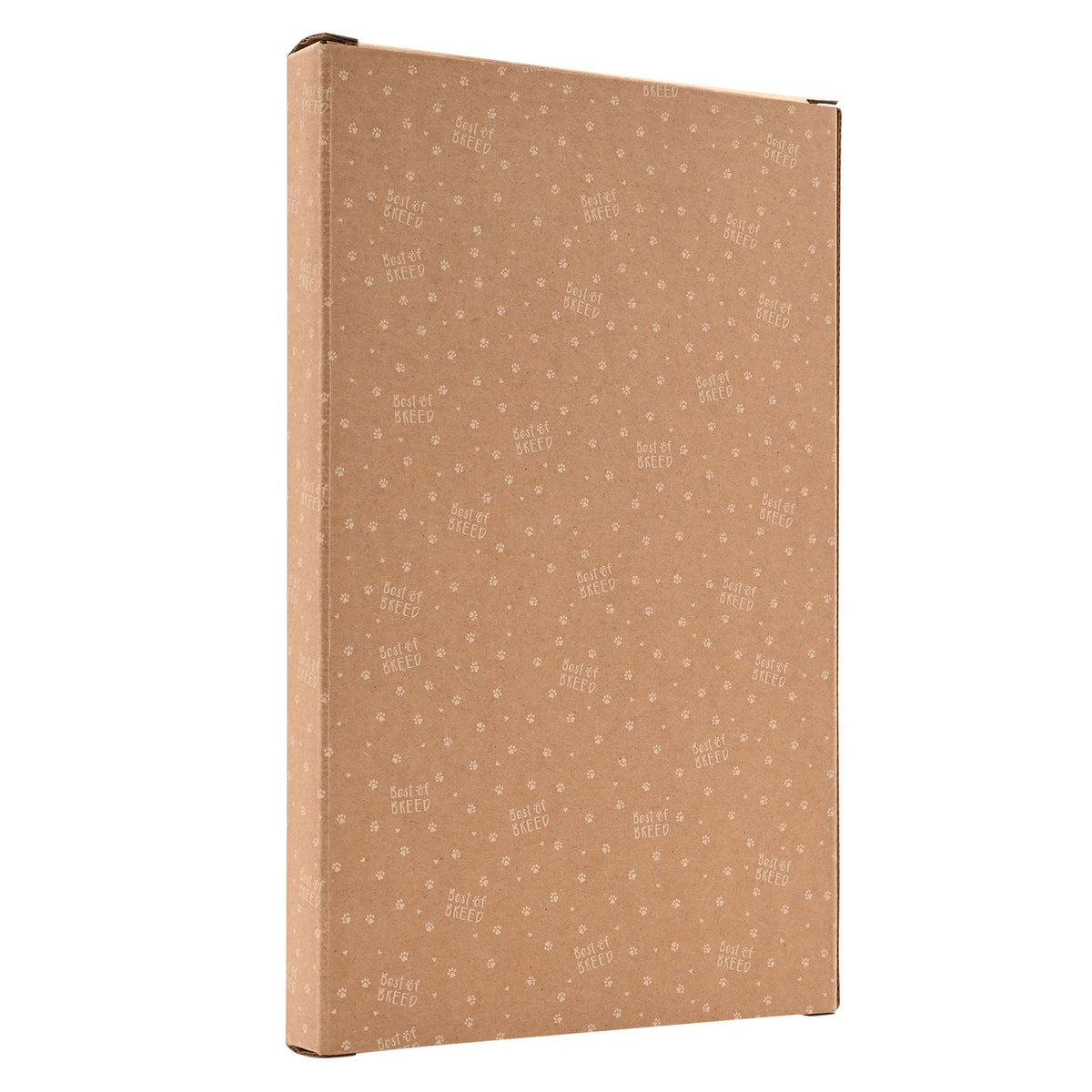 Brown kraft photo frame back cover with repeating paw print text pattern.