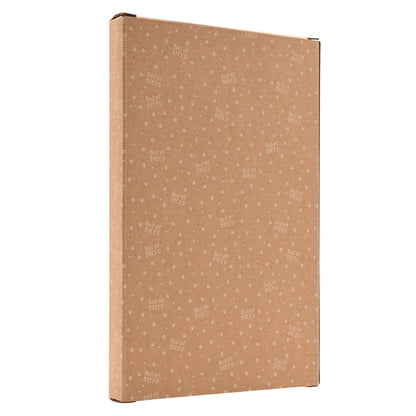 Brown kraft photo frame back cover with repeating paw print text pattern.