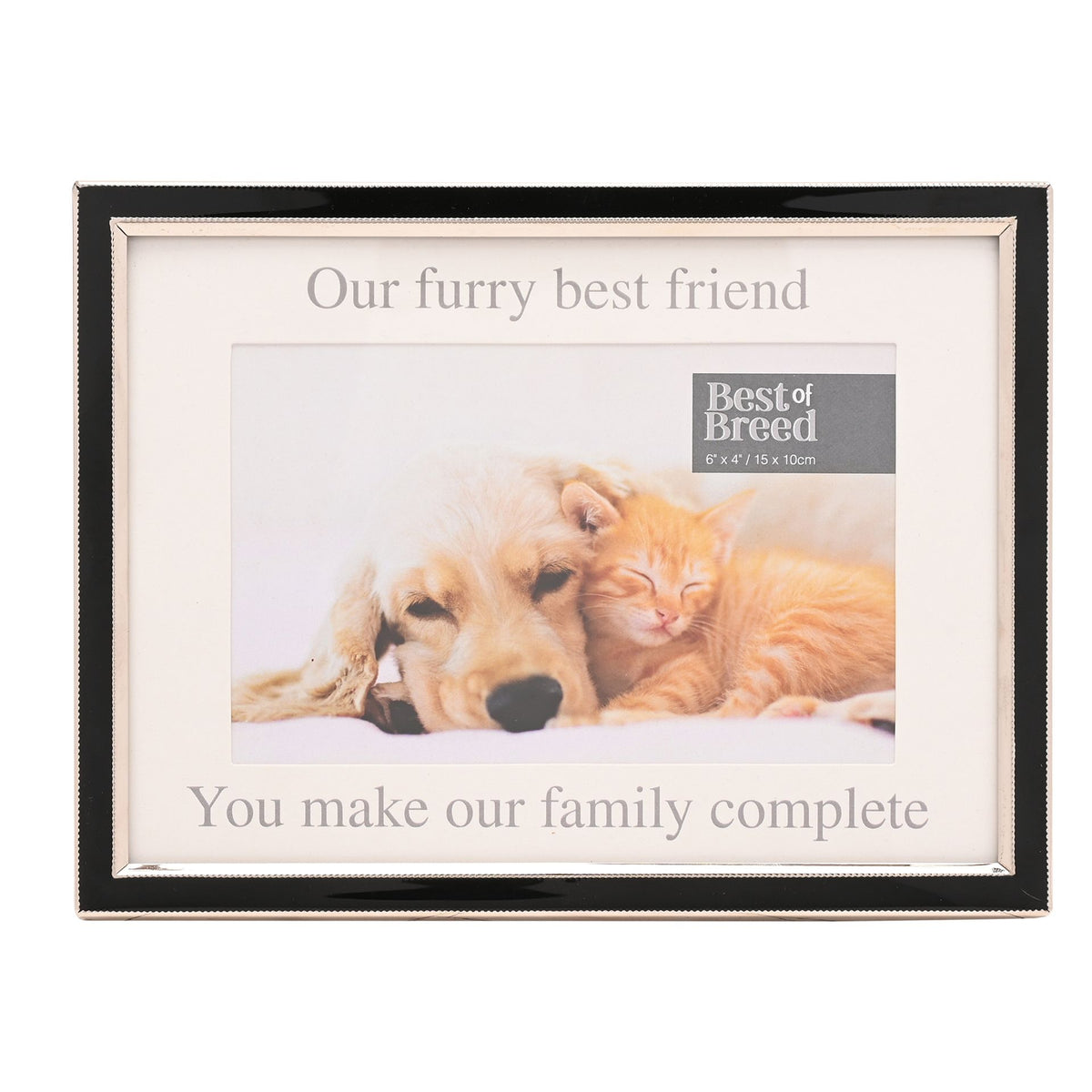 Black pet photo frame with inset pet image and 'Our furry best friend' greeting