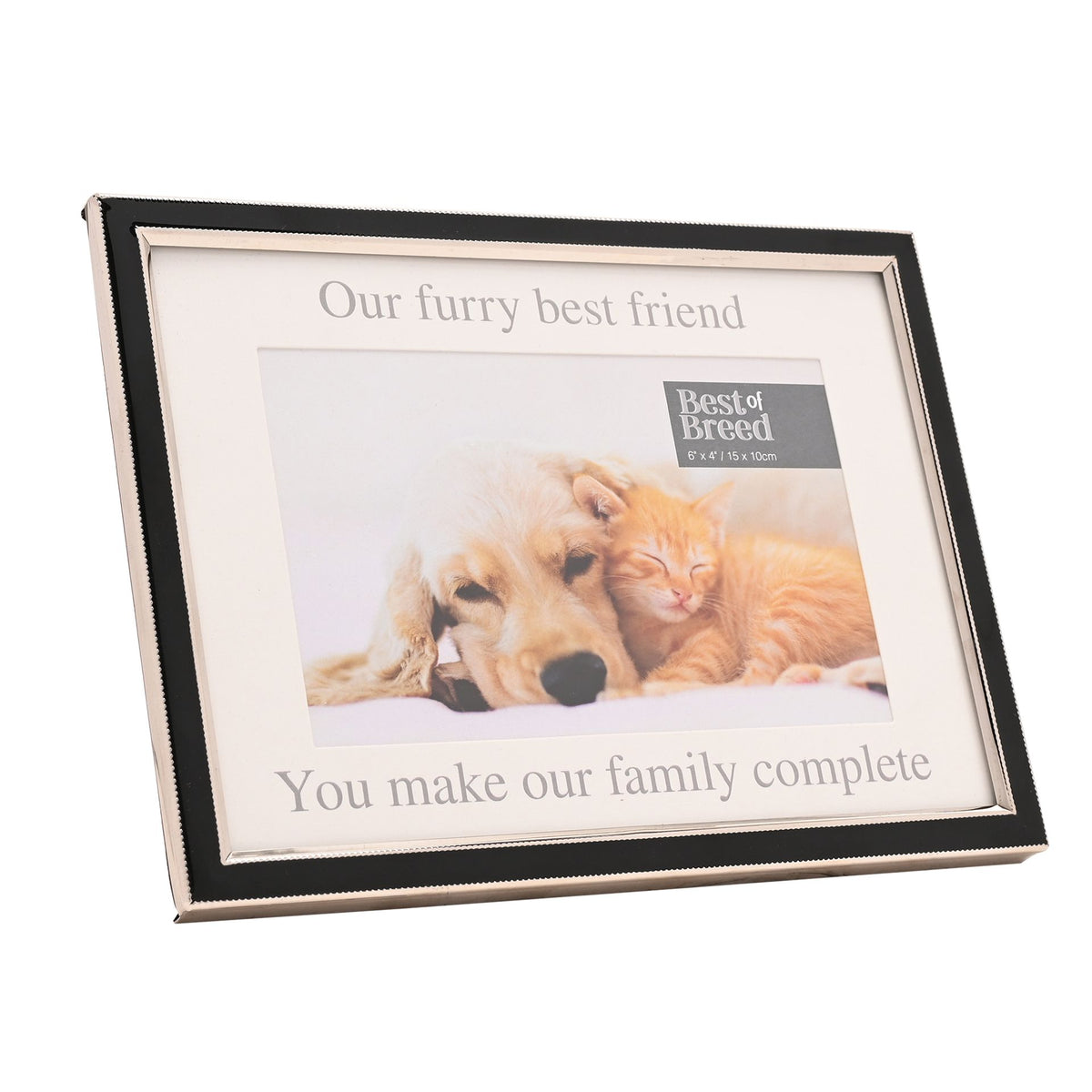 Angled black pet photo frame with 'Our furry best friend' message and pet image