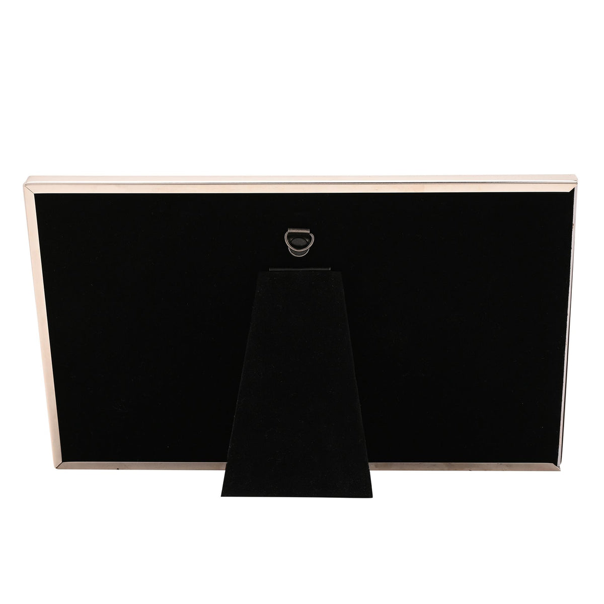 Back of black photo frame with fold-out stand and hanging loop