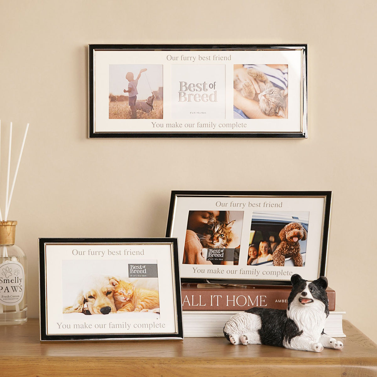 Set of three black pet photo frames with 'Our furry best friend' message
