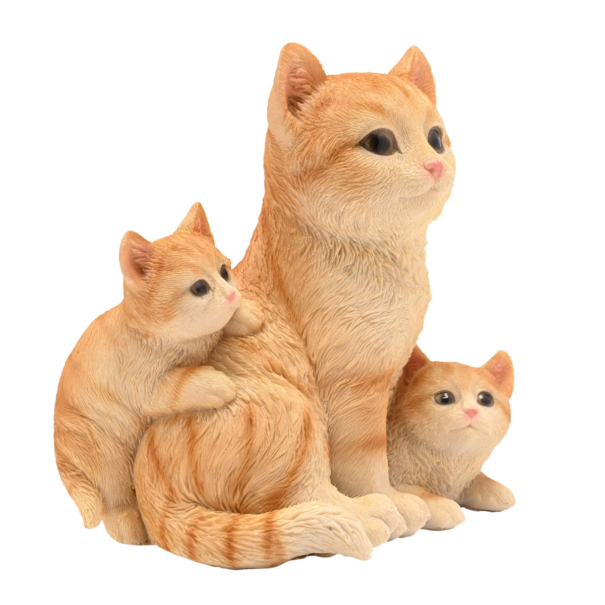 Orange tabby cat figurine with two kittens sitting, mother leaning back