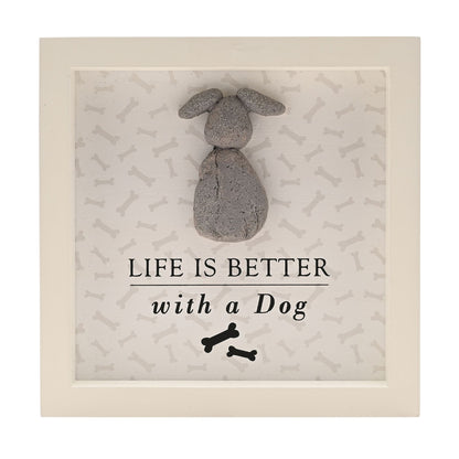 White framed plaque featuring gray dog relief and message: Life is better with a Dog
