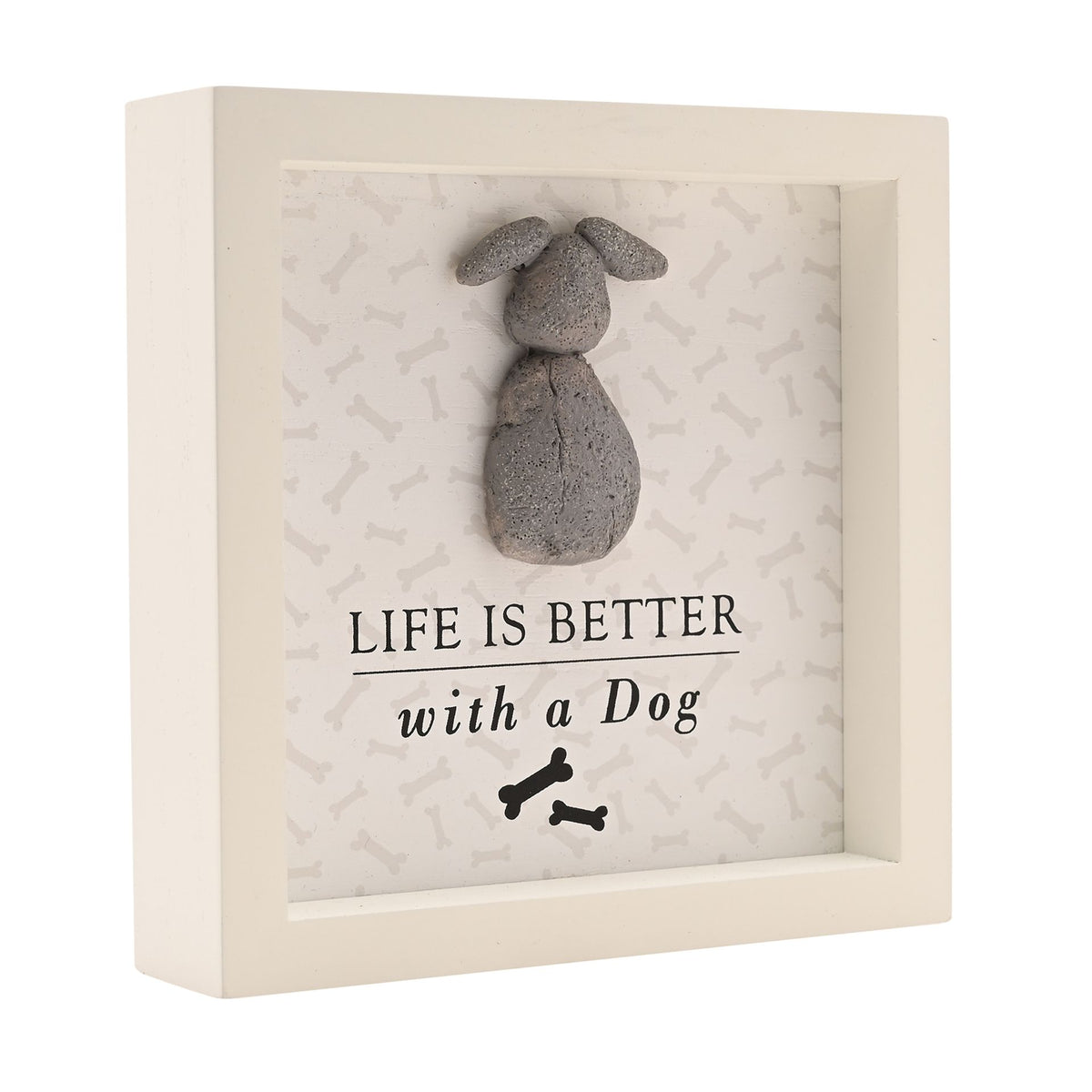 White framed wall plaque with gray dog relief, text: Life is better with a Dog, bone icons