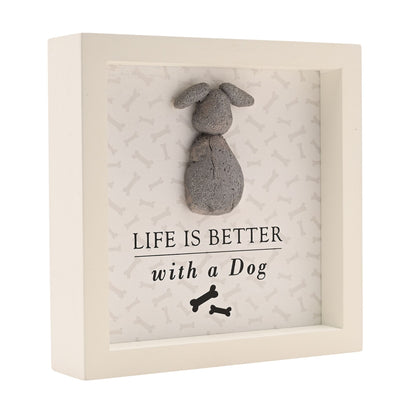 White framed wall plaque with gray dog relief, text: Life is better with a Dog, bone icons