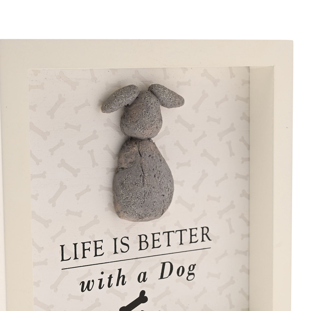 White framed dog plaque close-up with gray dog relief and 'Life is better with a Dog' text
