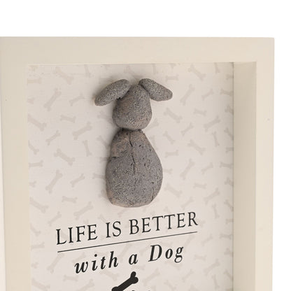 White framed dog plaque close-up with gray dog relief and 'Life is better with a Dog' text