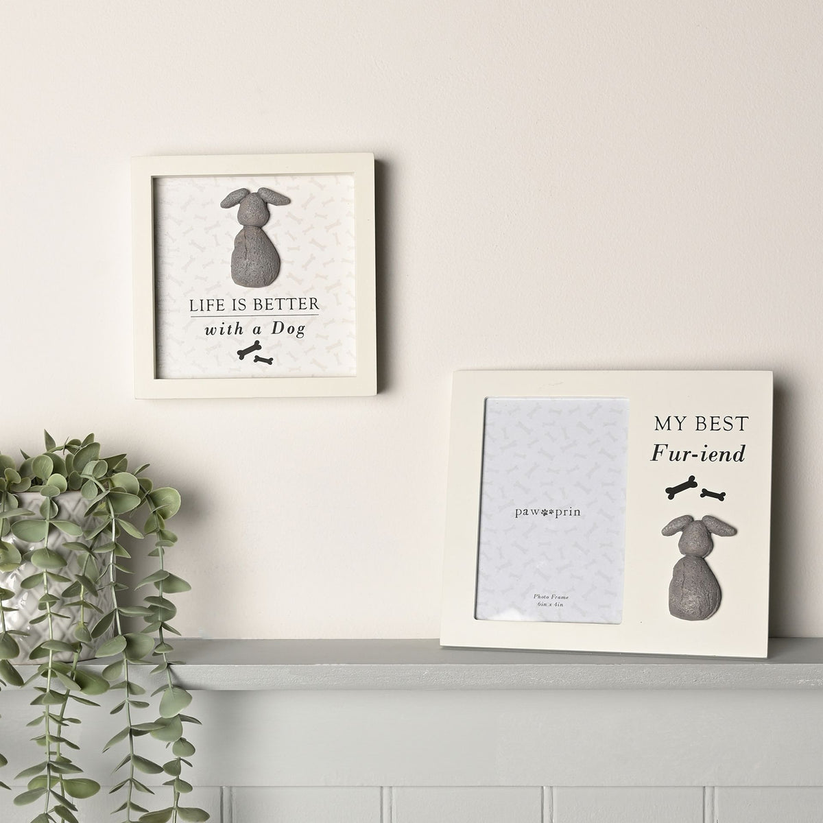 Two framed dog plaques on a shelf; one reads 'Life is better with a Dog'