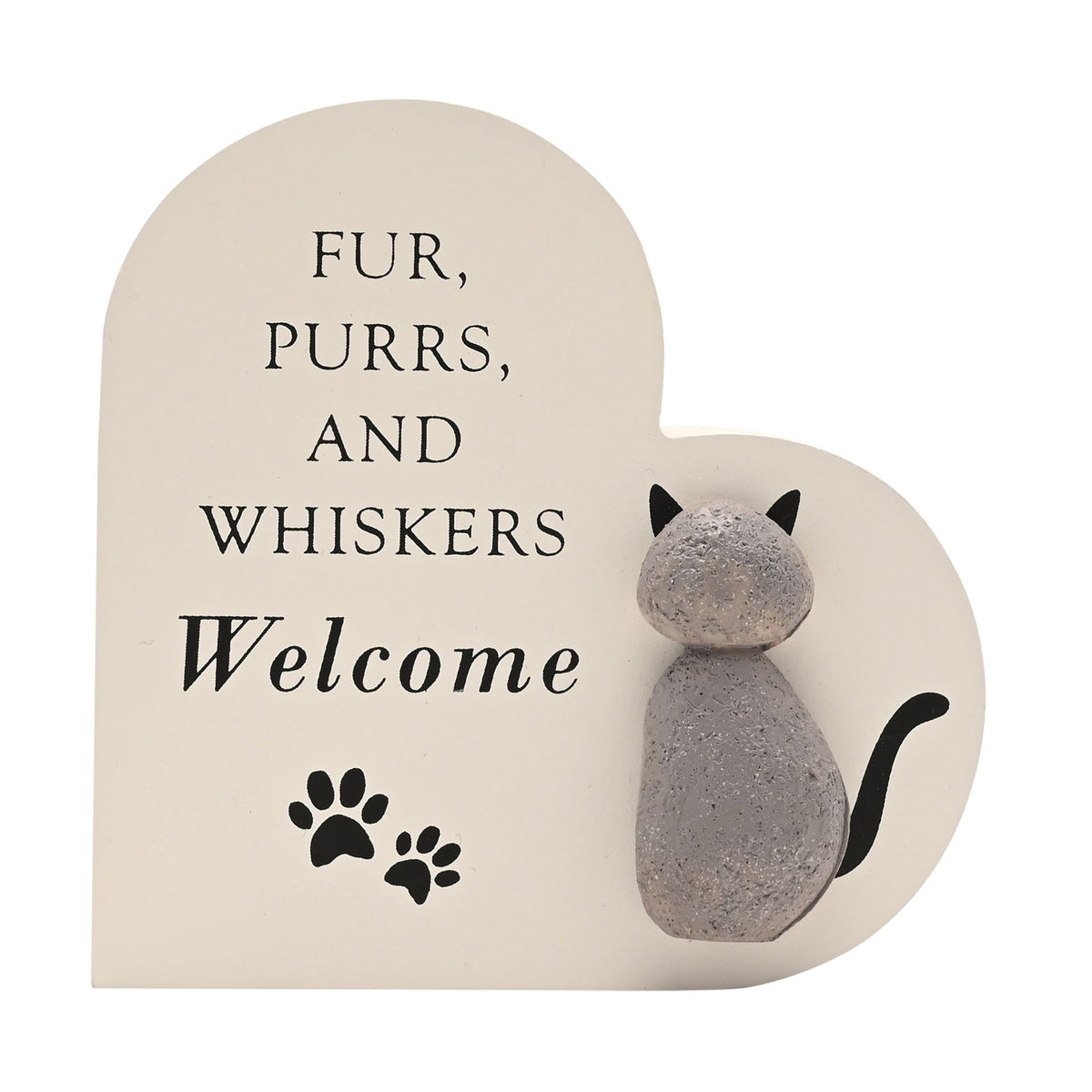 Cat heart plaque with gray figurine and 'Fur, Purrs and Whiskers Welcome' text