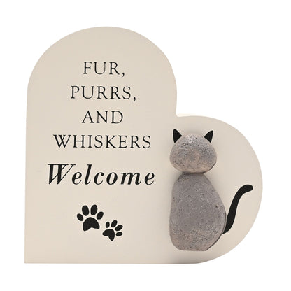 Cat heart plaque with gray figurine and 'Fur, Purrs and Whiskers Welcome' text