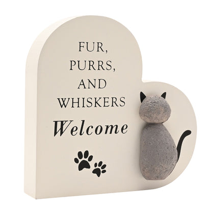 Heart plaque with gray cat figurine and 'Fur, Purrs and Whiskers Welcome' message
