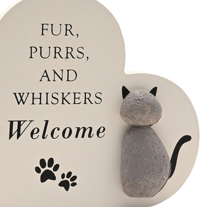 Cat heart plaque close-up with 'Fur, Purrs and Whiskers Welcome' and paw prints