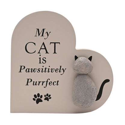 Cat heart plaque with quote and gray cat figurines, paw-print detail