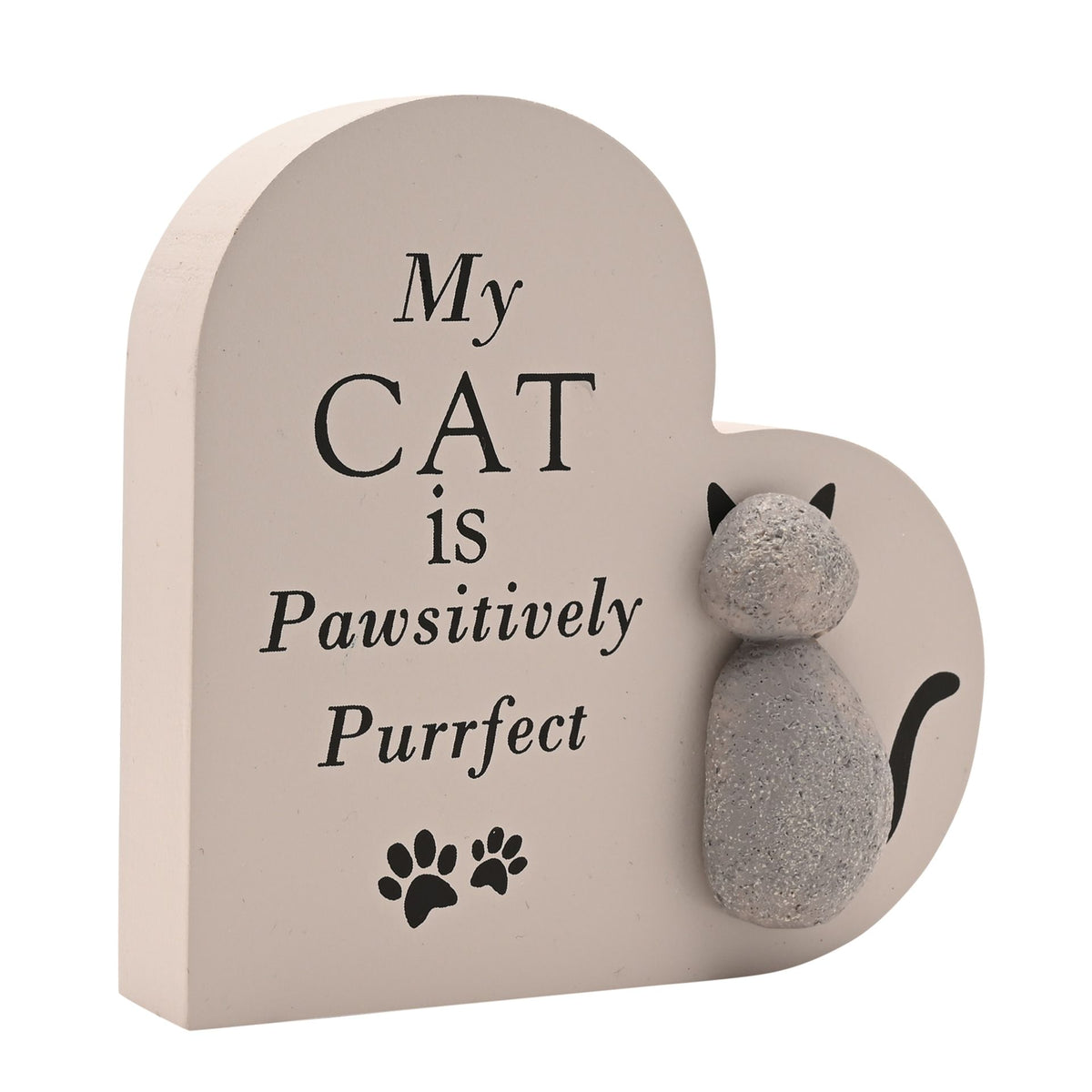 Beige heart plaque with 'My CAT is Pawsitively Purrfect' and gray cat figurines