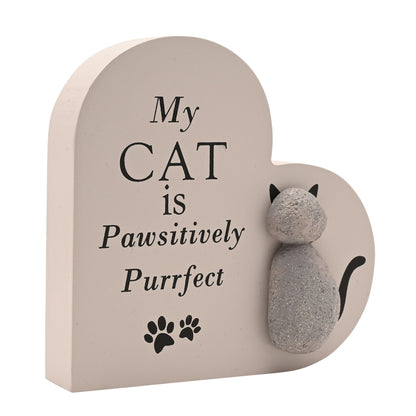 Beige heart plaque with 'My CAT is Pawsitively Purrfect' and gray cat figurines