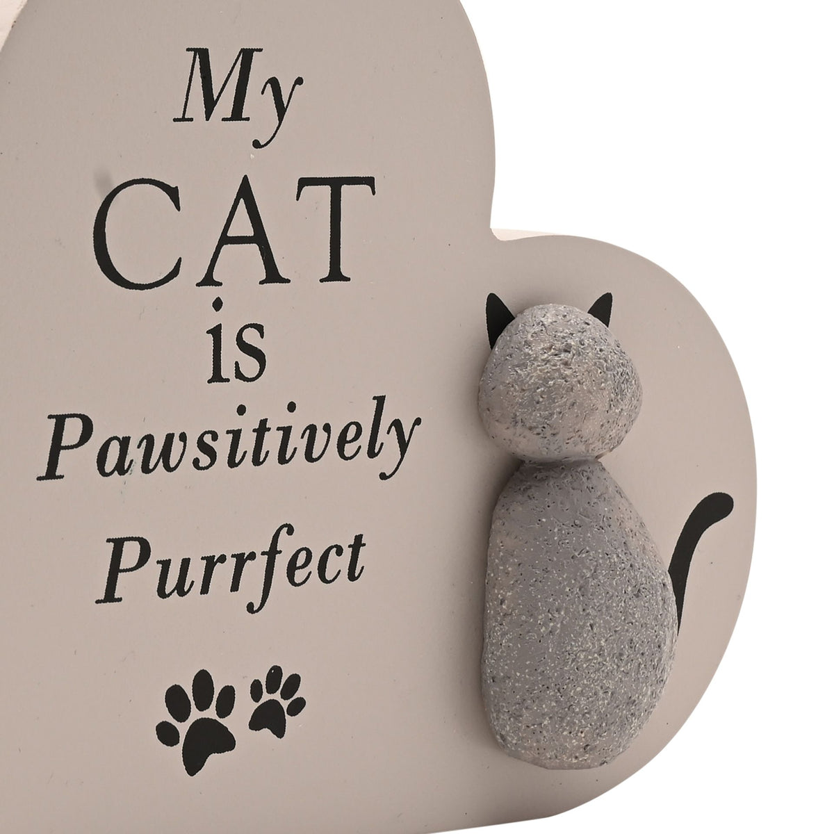 Beige cat heart plaque close-up with 'My CAT is Pawsitively Purrfect' and gray cat figurines