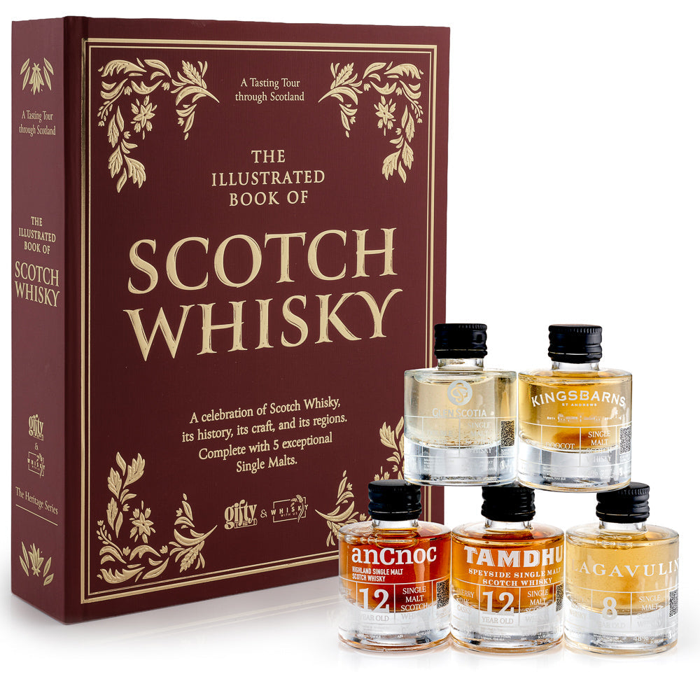 Scotch whisky gift set box with illustrated cover and five single malt mini bottles